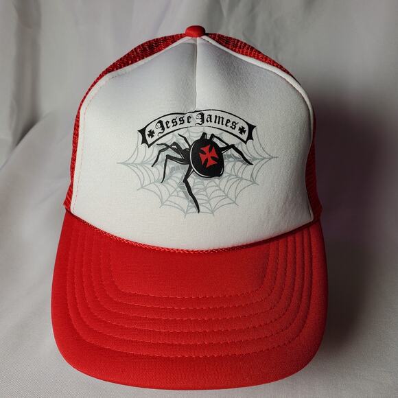 Vintage Jesse James Spider Black Widow Mesh Trucker Hat Red White Snap Back - Picture 1 of 9